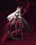  1girl absurdres armor black_sclera blood breasts cleavage colored_sclera dragon_girl dragon_horns dragon_tail dragon_wings english_commentary full_body gradient gradient_background grin hemokinesis highres holding holding_polearm holding_weapon horns kalle21 lance large_breasts looking_at_viewer multiple_wings original polearm scale_armor shoulder_armor silver_hair slit_pupils smile solo tail teeth third_eye weapon wings yellow_eyes 