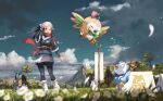  1boy 1girl akari_(pokemon) berry_(pokemon) black_hair black_legwear black_shirt blurry cloud commentary_request day flower from_below grass grey_jacket grey_skirt hand_up head_scarf highres jacket laventon_(pokemon) logo long_hair loose_socks lucario maki_(maki_pei) outdoors pantyhose piplup pokemon pokemon_(creature) pokemon_(game) pokemon_legends:_arceus red_scarf rowlet scarf shirt sidelocks skirt sky smile standing tree white_flower white_headwear white_legwear 