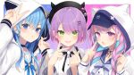  3girls :d :o anchor_symbol animal_ears animal_hood arm_up badge bangs beret black_headwear blue_bow blue_eyes blue_hair blue_nails blue_sailor_collar blush bow braid button_badge cat_hood collared_shirt commentary dress_shirt ear_piercing earrings english_commentary eyebrows_visible_through_hair fake_animal_ears fake_horns frilled_sailor_collar frills green_eyes grey_jacket hair_between_eyes hair_ornament hairclip hat highres hololive hood hood_up hooded_jacket horned_headwear horns hoshimachi_suisei jacket jewelry long_hair long_sleeves minato_aqua multicolored_hair multiple_girls nail_polish open_clothes open_jacket parted_lips piercing pink_hair puffy_long_sleeves puffy_sleeves purple_eyes purple_hair sailor_collar sasahara_wakaba school_uniform serafuku shirt sleeveless sleeveless_shirt smile tokoyami_towa twin_braids two-tone_hair upper_body v virtual_youtuber white_sailor_collar white_shirt x_hair_ornament 