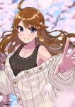  1girl artist_name bangs blue_eyes blurry breasts brown_hair cherry_blossoms cleavage depth_of_field highres idolmaster idolmaster_million_live! long_hair off-shoulder_sweater off_shoulder smile solo sweater swept_bangs tank_top tokoro_megumi uroboros_t 