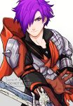  1boy armor cape fire_emblem fire_emblem:_three_houses fire_emblem_warriors fire_emblem_warriors:_three_hopes gloves hair_over_one_eye highres holding long_hair long_sleeves looking_at_viewer male_focus medium_hair purple_eyes purple_hair shez_(fire_emblem) shez_(fire_emblem)_(male) short_hair sierra117renner simple_background solo sword weapon 