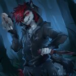  1:1 alphatrick anthro black_body black_fur claws clothing dead_by_daylight dutch_angle forest fur grin hair hi_res holding_knife holding_object hoodie jacket knife looking_at_viewer male mask plant red_body red_eyes red_fur red_hair red_nose smile solo teeth the_legion_(dbd) topwear tree white_body white_fur 