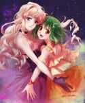  2girls aoi_rokushou artist_name black_choker black_corset black_gloves blonde_hair blue_eyes breasts brown_hair choker cleavage corset dress earrings fang gloves green_hair hair_behind_ear highres hug jewelry long_hair looking_at_viewer macross macross_frontier medium_breasts multiple_girls orange_dress orange_ribbon purple_skirt ranka_lee ribbon sheryl_nome short_hair skirt smile space 