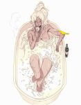  1girl absurdres animal_on_arm arm_rest bangs bath bathing bathtub bird bird_on_arm bottle breasts cross_scar cup dark-skinned_female dark_skin dizi930 drink eyelashes facial_mark forever_7th_capital from_above genderswap genderswap_(mtf) hand_up highres holding holding_cup knees_up large_breasts leaning_back long_hair nude parted_bangs partially_submerged petals ponytail rahulk_(forever_7th_capital) scar scar_on_arm scar_on_breasts scar_on_chest scar_on_face scar_on_leg scar_on_nose simple_background sitting solo steam very_long_hair water whisker_markings white_background white_hair yellow_eyes 