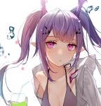  arknights bangs bikini breasts cleavage cup drinking_glass drinking_straw grey_bikini hair_ornament hairclip head_wings holding holding_cup jacket long_hair looking_at_viewer manticore_(arknights) open_clothes open_jacket pink_eyes pointy_ears purple_hair s2rid simple_background swimsuit twintails white_background white_jacket 