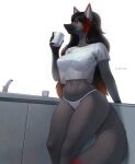  2021 5_fingers anthro black_body black_fur black_hair breasts canid canine canis claws clothing container cup digital_media_(artwork) female fingers fur furniture hair hand_on_table holding_cup holding_object kitchen looking_away mammal moria_parrell navel nipple_outline panties red_eyes red_hair shirt simple_background smiju smile solo standing table thick_thighs topwear translucent translucent_clothing underwear white_background white_clothing white_panties white_shirt white_topwear wolf 