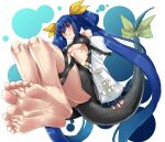  1girl ass bangs bare_legs bare_shoulders barefoot belt blue_hair breasts center_opening detached_sleeves dizzy_(guilty_gear) eiji_(eiji) eyebrows_visible_through_hair feet foot_focus foreshortening guilty_gear guilty_gear_xrd hair_between_eyes hair_ribbon highres large_breasts looking_to_the_side monster_girl nail_polish red_eyes red_nails ribbon simple_background soles solo tail tail_ornament tail_ribbon thigh_strap thighs toned underboob white_background wide_sleeves yellow_ribbon 