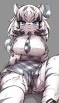  1girl :3 animal_ears animal_hands animal_nose animal_print bangs black_fur black_hair blue_eyes body_fur breast_pocket breasts claws closed_mouth collared_shirt colored_inner_hair dress_shirt eyebrows_visible_through_hair furrification furry furry_female garter_straps grey_background highres karekusa_meronu kemono_friends knee_up leaning_back looking_at_viewer medium_hair microskirt multicolored_hair necktie plaid plaid_necktie plaid_skirt plaid_sleeves plaid_trim pocket print_legwear shirt short_sleeves simple_background sitting skirt smile snout solo streaked_hair symbol-only_commentary tail thighhighs tiger_ears tiger_girl tiger_print tiger_tail two-tone_fur two-tone_hair whiskers white_fur white_hair white_shirt white_tiger_(kemono_friends) white_tiger_print wing_collar zettai_ryouiki 