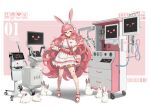  1girl absurdres animal animal_ears background_text bandaged_leg bandages bow bunny clipboard computer english_commentary english_text eyebrows_visible_through_hair frills frown glasses hair_bow headphones highres holding holding_clipboard holding_syringe kalle21 long_hair nurse original pink_hair rabbit_ears rabbit_girl round_eyewear smiley_face solo syringe two-tone_background 