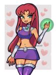  1girl 2girls :d belt boots breasts colored_skin cowboy_shot dc_comics english_commentary green_eyes heart highres long_hair looking_at_viewer medium_breasts midriff multiple_girls navel open_mouth orange_skin red_hair skirt smile solo starfire teen_titans thighhighs touyarokii 