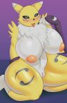  anthro bandai_namco big_breasts blue_eyes blush bodily_fluids breasts claws digimon digimon_(species) female fur genitals goldcrustedchicken hi_res multicolored_body multicolored_fur nipples open_mouth open_smile pussy renamon saliva simple_background smile solo tongue tongue_out two_tone_body two_tone_fur white_body white_fur yellow_body yellow_fur 