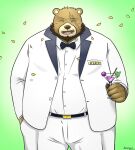 2017 anthro beard belly big_belly bottomwear bow_tie brown_body brown_nose clothing eyes_closed facial_hair green_background hi_res kemono male mammal mtflying30371 overweight overweight_male pants scar shirt simple_background solo suit topwear ursid 