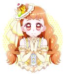  1girl alternate_costume arisugawa_himari brown_eyes brown_hair dress elbow_gloves food food-themed_hair_ornament forehead frilled_dress frills fruit gloves hair_ornament highres kirakira_precure_a_la_mode kiwi_(fruit) komanana320 long_hair precure pudding_hair_ornament smile solo star_(symbol) upper_body wavy_hair white_background yellow_background yellow_dress yellow_gloves 