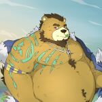  2017 anthro beard belly big_belly black_nose brown_body cute_fangs facial_hair hi_res kemono leaf male mammal moobs mtflying30371 nipples overweight overweight_male red_eyes solo ursid 