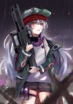  1girl absurdres assault_rifle bandana bangs black_shorts blush breasts eyebrows_visible_through_hair feet_out_of_frame g11_(girls&#039;_frontline) girls&#039;_frontline green_headwear green_jacket gun h&amp;k_g11 highres holding holding_gun holding_weapon jacket long_hair looking_at_viewer night night_sky open_clothes open_jacket open_mouth purple_scarf r9k1 rain red_bandana red_eyes rifle scarf shirt shorts silver_hair sky small_breasts solo standing water_drop weapon white_shirt 