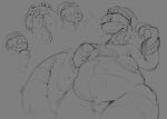  anthro bottomless chubby_anthro chubby_belly chubby_male clothed clothing featureless_crotch green_body grey_background hair hair_over_eyes hi_res hybrid jake_(ruben_sling) male monochrome overweight reptile ruben_sling scalie simple_background sketch snake solo_focus vore 