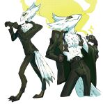  anthro avian beak cigarette claws clothed clothing demon fluffy fluffy_tail fur gloves grech4 handwear helluva_boss hi_res male mature_male smile smoke solo white_body white_fur yellow_eyes 