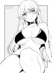  1girl bikini blush breasts choker collarbone commentary_request dated eyebrows_visible_through_hair greyscale highres kichihachi large_breasts looking_to_the_side monochrome navel original sitting solo swimsuit twitter_username two-tone_background white_background 