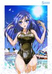  1girl alternate_costume beach bird black_swimsuit blue_eyes blue_hair blue_sky blue_swimsuit breasts character_name competition_swimsuit cowboy_shot dokidoki!_precure highleg highres hishikawa_rikka horizon jet_ski looking_at_viewer medium_breasts ocean one-piece_swimsuit open_mouth precure seagull sky smile standing sun sunlight swimsuit takaishi_fuu water water_drop watercraft wet wet_clothes wet_swimsuit 