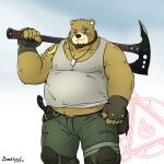  1:1 2018 anthro belly big_belly bottomwear brown_body clothing hi_res humanoid_hands kemono male mammal mtflying30371 overweight overweight_male pants red_eyes scar shirt solo topwear ursid weapon 