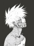  1boy absurdres artist_name black_background boku_no_hero_academia burn_scar cheek_piercing dabi_(boku_no_hero_academia) deep_wound greyscale highres injury male_focus messy_hair monochrome multiple_scars piercing saucybrtt scar scar_on_face scar_on_neck solo spoilers staple stapled stitches teeth todoroki_touya upper_body white_hair 