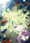  1girl absurdres autumn_leaves bare_shoulders braid branch breasts carolrin ceres_fauna cleavage collarbone green_hair hands_over_own_mouth highres hololive hololive_english horns leaf long_hair looking_at_viewer lying medium_breasts on_back smile very_long_hair water wavy_hair yellow_eyes 