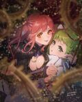  2girls aoi_rokushou blue_eyes blue_nails braid breasts brown_eyes cleavage cleavage_cutout clothing_cutout couple green_hair hair_behind_ear holding_hands hug large_breasts looking_at_viewer macross macross_delta makina_nakajima medium_hair multiple_girls parted_lips pink_hair pointy_ears reina_prowler short_hair side_braid smile twitter_username yuri 