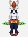  anthro cinderace crown cute_eyes ears_up female grass grass_skirt hi_res lagomorph leporid long_ears mammal nintendo outstretched_legs plant pok&eacute;mon pok&eacute;mon_(species) rabbit red_eyes scut_tail short_tail sitting sitting_on_ground skade_(artist) smile smiley_face solo video_games 