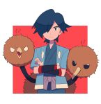  1boy black_wristband blue_eyes blue_hair blue_jacket blue_kimono border closed_mouth crossed_arms doduo falkner_(pokemon) frown hair_over_one_eye highres jacket japanese_clothes kimono male_focus open_clothes open_jacket pokemon pokemon_(creature) pokemon_(game) pokemon_hgss red_background sash short_hair short_sleeves symbol-only_commentary tyako_089 white_border wristband 