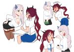  absurdres angelchama bangs blue_eyes blush braid breasts cleavage feeding hair_ornament heterochromia highres hololive hololive_english hololive_indonesia horns irys_(hololive) long_hair multicolored_hair multiple_girls pavolia_reine pointy_ears purple_hair red_hair silver_hair slapping teacher virtual_youtuber 