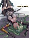  1girl absurdres asymmetrical_gloves bangs black_choker black_gloves black_legwear black_necktie black_shorts blush breasts character_name choker closed_mouth eyebrows_visible_through_hair girls&#039;_frontline gloves green_hair highres long_hair looking_at_viewer lying m950a_(girls&#039;_frontline) medium_breasts necktie on_back r9k1 shirt shorts simple_background smile solo thighhighs white_shirt yellow_eyes 