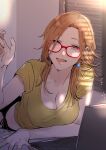 1girl breasts brown_hair cleavage computer ear_piercing earrings glasses hand_up indoors jewelry kisugae laptop large_breasts light_brown_hair long_hair looking_at_viewer lying on_stomach original piercing shirt solo t-shirt 