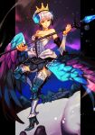  1girl armor armored_dress black_armor breasts cleavage crown dress gwendolyn_(odin_sphere) hungry_clicker leg_wings medium_breasts multicolored_wings odin_sphere polearm short_hair silver_hair solo spear strapless strapless_dress valkyrie weapon wings 