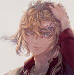  1boy blonde_hair blue_eyes closed_mouth collarbone collared_shirt colored_eyelashes facial_mark grey_background hair_between_eyes hair_lift hand_on_own_head highres ichimonji_norimune lips long_hair long_sleeves male_focus no_gloves portrait red_shirt shirt simple_background smile solo touken_ranbu tsubu 