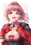  1girl :d armor bow breasts cleavage earrings fire_emblem fire_emblem:_three_houses fire_emblem_warriors fire_emblem_warriors:_three_hopes gloves hand_on_own_chest hilda_valentine_goneril jewelry large_breasts long_hair looking_at_viewer official_alternate_costume open_mouth pink_eyes pink_hair ponytail red_bow red_gloves shoulder_armor simple_background smile solo ten_(tenchan_man) upper_body 