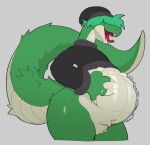  absurd_res anonymous_artist anthro beanie belly belly_tuft big_belly bottomless chubby_anthro chubby_belly chubby_male clothed clothing eyes_closed featureless_crotch fur green_body green_fur green_scales grey_background happy hat headgear headwear hi_res holding_belly jake_(ruben_sling) male ruben_sling scales shaking simple_background solo sweater topwear tuft 