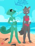  2022 23:30 anthro asterozoan avian beach bird black_clothing black_swimwear blue_eyes canid canine chameleon clothing container cup digital_media_(artwork) duo echinoderm english_text female fur green_body grey_body grey_fur hands_on_hips holding_cup holding_object humor hydrabb lizard mammal marine navel nude red_clothing red_swimwear reptile sand scalie seaside smile standing starfish swimwear text water white_eyes 