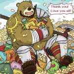  2018 anthro beard belly big_belly blush bottomwear brown_body brown_fur chips_(food) clothing eyes_closed facial_hair food fur hi_res kemono loincloth male mammal mtflying30371 overweight overweight_male scar sitting solo ursid weapon 