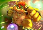  2022 3_toes 4_fingers absurd_res anthro ball bodily_fluids bowser claws cloud day enso_t0324 feet fingers grass hair hi_res horn koopa light male mario_bros nintendo plant red_eyes red_hair scalie signature soccer_ball solo sun sunlight sweat teeth toe_claws toes video_games 