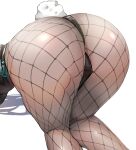 1girl ass ass_focus bent_over black_leotard blue_archive blue_ribbon dark-skinned_female dark_skin fishnet_legwear fishnets from_behind karin_(blue_archive) kneepits kukoi leotard no_shoes pantyhose playboy_bunny rabbit_tail ribbon shadow soles tail thighs white_background 