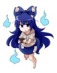  1girl bangle bare_legs barefoot blue_bow blue_eyes blue_hair blue_skirt bow bowl bracelet chibi commentary_request damaged debt full_body grey_hoodie hair_bow holding holding_bowl hood hoodie jewelry kousei_(public_planet) long_hair miniskirt simple_background skirt touhou very_long_hair white_background yorigami_shion 