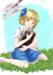  1girl alice_margatroid alice_margatroid_(pc-98) blonde_hair blouse blue_bow blue_ribbon blue_sky book bow cherry_blossoms day grass hair_bow hair_ornament hair_ribbon highres kyabekko open_mouth outdoors ribbon short_hair short_sleeves sitting skirt sky solo suspenders touhou wariza white_blouse yellow_eyes younger 