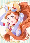 1girl absurdres animal_ears arisugawa_himari blue_background brown_eyes brown_hair cherry cure_custard dessert earrings elbow_gloves eyebrows food food-themed_hair_ornament fruit gloves hair_ornament highres holding holding_spoon jewelry kirakira_precure_a_la_mode long_hair looking_at_viewer magical_girl neck_bobbles open_mouth pom_pom_(clothes) pom_pom_earrings precure pudding smile solo spoon squirrel squirrel_ears squirrel_tail striped striped_background tail upper_body very_long_hair white_gloves yellow_background yuutarou_(fukiiincho) 