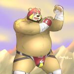  2018 anthro beard belly big_belly brown_body brown_nose bulge clothing facial_hair hi_res humanoid_hands jockstrap kemono male mammal mask moobs mountain mtflying30371 nipples outside overweight overweight_male solo underwear ursid wrestler 