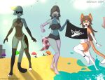  absurd_res accidental_exposure anthro beach beach_umbrella bikini black_body black_fur black_nose blue_eyes brown_hair clothing detailed_background domestic_cat embarrassed eyewear felid feline felis female female/female firenox1559 fur galia_(firenox1559) green_body green_eyes grey_(firenox1559) grey_hair group hair heterochromia hi_res hybrid jumping light long_hair long_tail looking_at_viewer looking_away mammal markings pink_body pink_fur pink_nose sand sea seaside smile spots spotted_markings spotted_tail standing sunglasses sunlight swimwear tail_markings tattoo tiffany_bellic(firenox1559) trio water white_body white_fur 