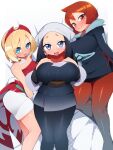  3girls akari_(pokemon) arezu_(pokemon) arm_wrap blonde_hair blue_eyes breasts floating_scarf galaxy_expedition_team_survey_corps_uniform gradient gradient_clothes gradient_legwear grey_eyes hairband head_scarf irida_(pokemon) jewelry large_breasts multiple_girls neck_ring pantyhose pokemon pokemon_(game) pokemon_legends:_arceus red_eyes red_hair red_hairband red_scarf red_shirt scarf shirt short_hair shorts takagirock two-tone_legwear waist_cape white_shorts 