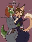  anthro argonian bethesda_softworks brown_hair business_suit clothing digital_media_(artwork) duo ear_piercing ear_ring english_text felid female female/female general-irrelevant gun hair hi_res holding_gun holding_object holding_weapon holding_wine_glass james_bond_(series) khajiit lifts-her-tail looking_at_viewer mammal necktie piercing pussywillow_moonsugar ranged_weapon scalie simple_background smile suit text the_elder_scrolls video_games weapon 
