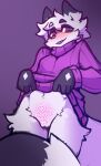  &diams; &lt;3 2022 anthro arctic_fox black_body black_fur blush bottomless canid canine clitoris clothed clothing clothing_lift cute_fangs diamond_(marking) digital_media_(artwork) dipstick_ears dipstick_tail dust_(mewgle) eyebrows fangs fluffy fluffy_tail fox fur genitals gloves_(marking) grey_body grey_fur hi_res looking_at_viewer mammal markings meme mewgle multicolored_ears navel nonbinary_(lore) pronouns purple_background purple_clothing purple_eyes purple_nose purple_sweater purple_tongue purple_topwear shirt shirt_lift simple_background solo suit_symbol sweater sweater_lift tail_markings thigh_tuft tongue tongue_out topwear womb_tattoo 