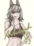  1girl absurdres animal_ear_fluff animal_ears arknights ashlock_(arknights) bandages bangs bare_arms bare_shoulders blood blood_on_face breasts cleavage commentary crop_top english_commentary grey_eyes grey_hair hair_between_eyes hand_on_hip highres medium_breasts midriff navel nitric_acid_(nitrate2002) simple_background solo sports_bra stomach upper_body 