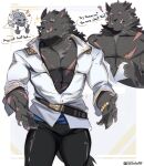 absurd_res anthro armor blaidd_(elden_ring) canid canine canis clothed clothing duo elden_ring fromsoftware fur graysheartart grey_body grey_fur hi_res human knight male mammal muscular muscular_anthro muscular_male open_clothing open_shirt open_topwear pecs shirt tarnished_(elden_ring) tight_clothing topwear video_games warrior wolf 